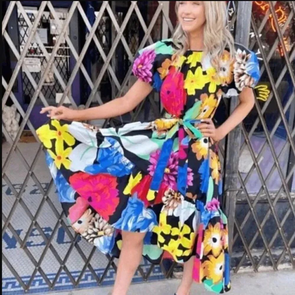 NWOT Christopher John Rogers Floral Puff Sleeve Poplin A-Line Midi Dress Small